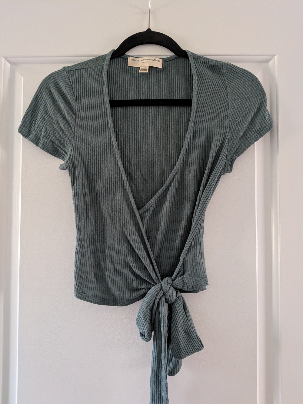 Project Social T Ribbed Sage Green Tie-Front Crop Top